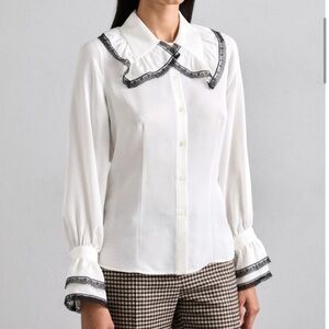 The Kooples Women’s Chemise Silk Ruffled Collar Cuffs Button Down Blouse New L